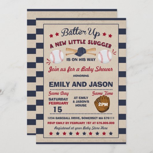 Baseball Baby shower Invitation Baseball Shower Kaart (Voorkant / Achterkant)