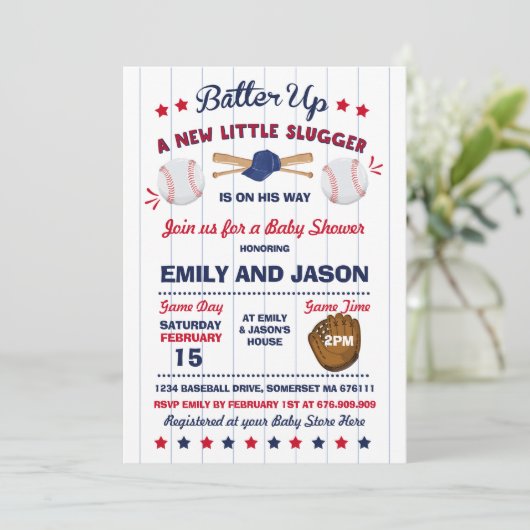 Baseball Baby shower Invitation Baseball Shower Kaart (Staand voorkant)