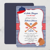 Baseball Baby shower Invitation Blue Red Gingham Kaart (Voorkant / Achterkant)