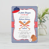 Baseball Baby shower Invitation Blue Red Gingham Kaart (Staand voorkant)