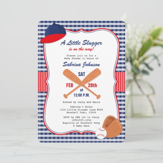 Baseball Baby shower Invitation Blue Red Gingham Kaart (Staand voorkant)