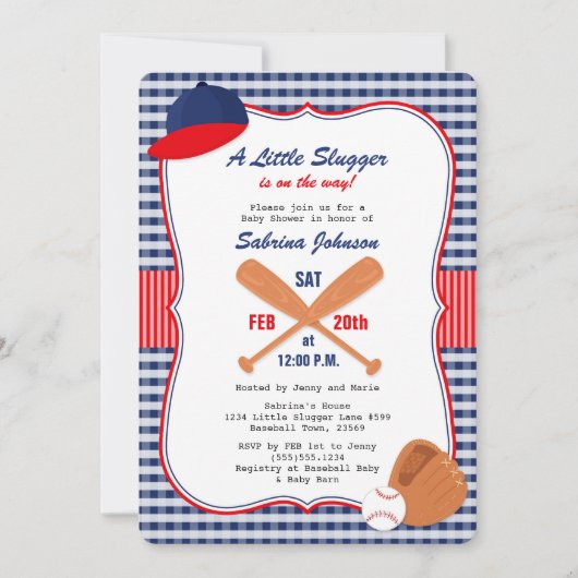Baseball Baby shower Invitation Blue Red Gingham Kaart (Voorkant)