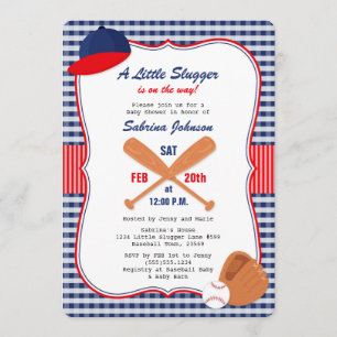 Baseball Baby shower Invitation Blue Red Gingham Kaart
