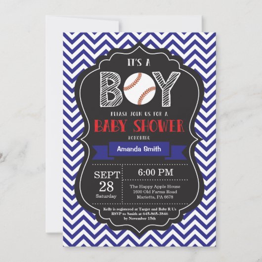 Baseball Baby shower Invitation Boy Blue Chevron Kaart (Voorkant)