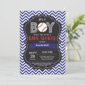 Baseball Baby shower Invitation Boy Blue Chevron Kaart (Staand voorkant)
