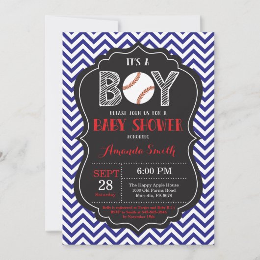Baseball Baby shower Invitation Boy Blue Chevron Kaart (Voorkant)