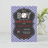 Baseball Baby shower Invitation Boy Blue Chevron Kaart (Staand voorkant)