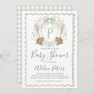 Baseball Baby shower Preppy Boy Gingham Sage Green Kaart