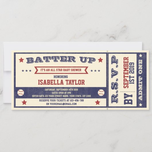  Baseball Baby shower Ticket Invitation Kaart (Voorkant)