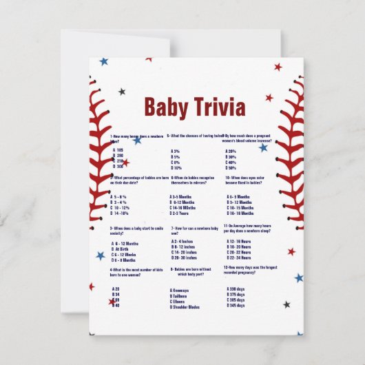 Baseball baby trivia game baby shower game Card Kaart (Voorkant)
