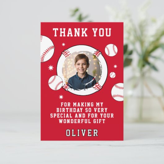 Baseball bal thema verjaardagsfeest foto bedankkaart (Staand voorkant)