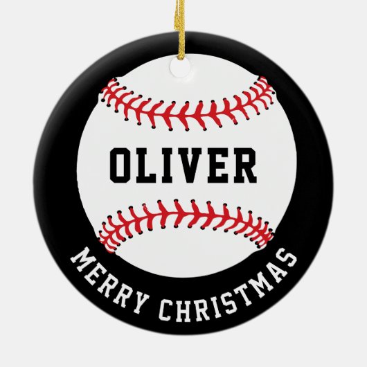Baseball Ball Custom Name Vrolijk Kerstfeest Keramisch Ornament (Achterkant)