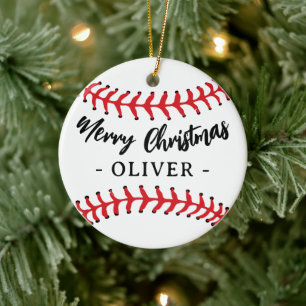 Baseball Ball Custom Name Vrolijk Kerstfeest Keramisch Ornament