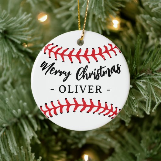 Baseball Ball Custom Name Vrolijk Kerstfeest Keramisch Ornament (Boom)