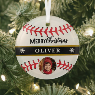 Baseball Ball Custom Name Vrolijke Kerstfoto Glas Ornament