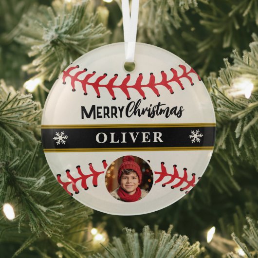 Baseball Ball Custom Name Vrolijke Kerstfoto Glas Ornament (Insitu)