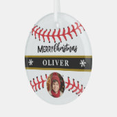 Baseball Ball Custom Name Vrolijke Kerstfoto Glas Ornament (Voorkant links)