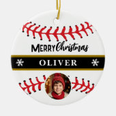Baseball Ball Custom Name Vrolijke Kerstfoto Keramisch Ornament (Voorkant)