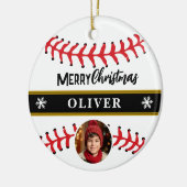 Baseball Ball Custom Name Vrolijke Kerstfoto Keramisch Ornament (Links)
