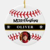 Baseball Ball Custom Name Vrolijke Kerstfoto Keramisch Ornament (Achterkant)