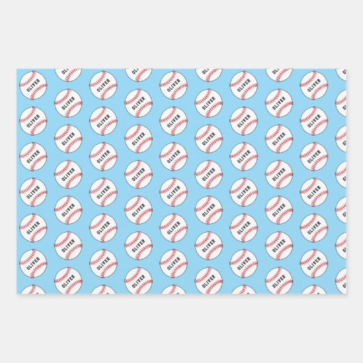 Baseball Ball Pattern Kids Name Birthday Wrapping Inpakpapier Vel (Voorkant 3)