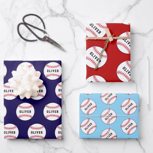 Baseball Ball Pattern Kids Name Birthday Wrapping  Inpakpapier Vel (Voorkant)