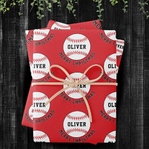 Baseball Ball Pattern Kinder naam Vrolijk Kerstfee Inpakpapier Vel