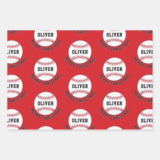 Baseball Ball Pattern Kinder naam Vrolijk Kerstfee Inpakpapier Vel (Voorkant 3)