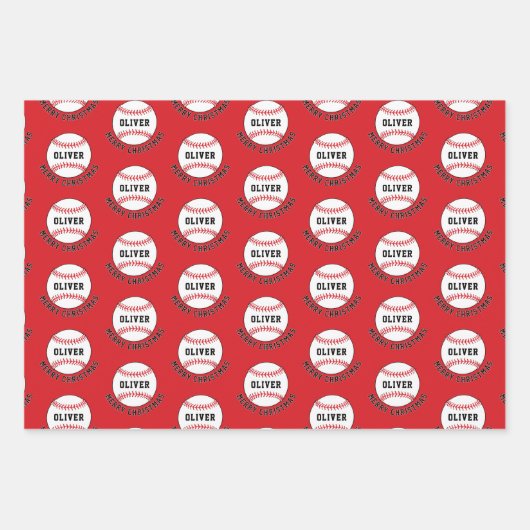 Baseball Ball Pattern Kinder naam Vrolijk Kerstfee Inpakpapier Vel (Voorkant 2)