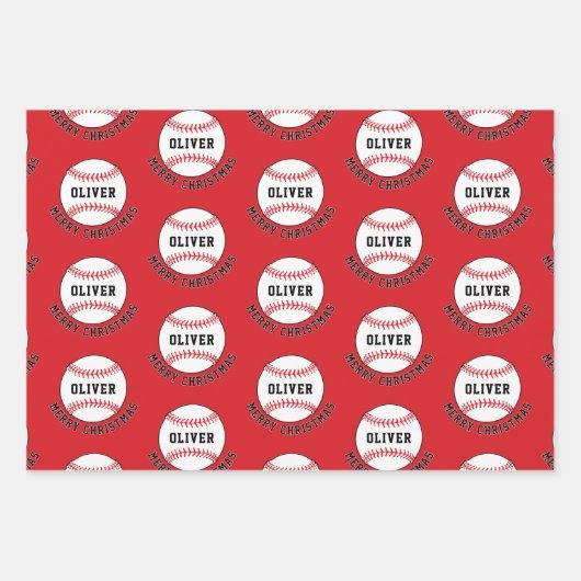Baseball Ball Pattern Kinder naam Vrolijk Kerstfee Inpakpapier Vel (Voorkant)