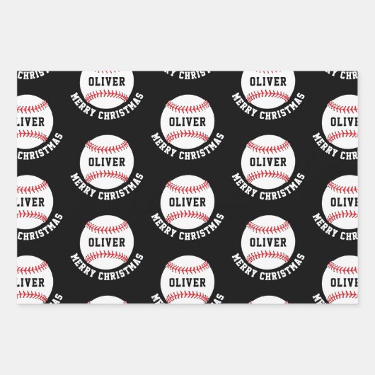 Baseball Ball Pattern Kinder naam Vrolijk Kerstfee Inpakpapier Vel (Voorkant 3)