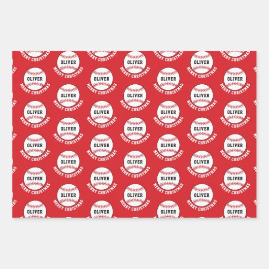 Baseball Ball Pattern Kinder naam Vrolijk Kerstfee Inpakpapier Vel (Voorkant 2)