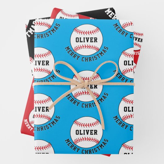 Baseball Ball Pattern Kinder naam Vrolijk Kerstfee Inpakpapier Vel (In situ)