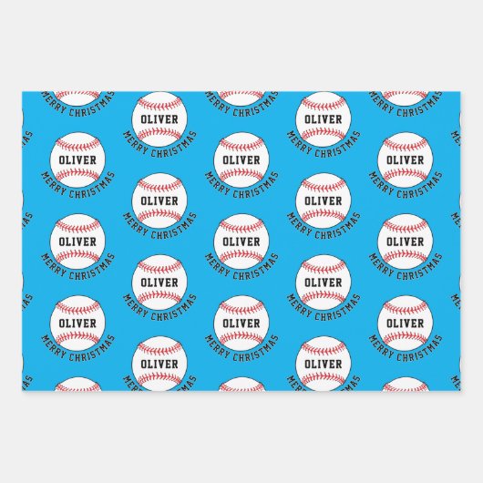 Baseball Ball Pattern Kinder naam Vrolijk Kerstfee Inpakpapier Vel (Voorkant)