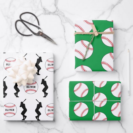 Baseball Ball Player Kinder naam Birthday Inpakpapier Vel (Voorkant)