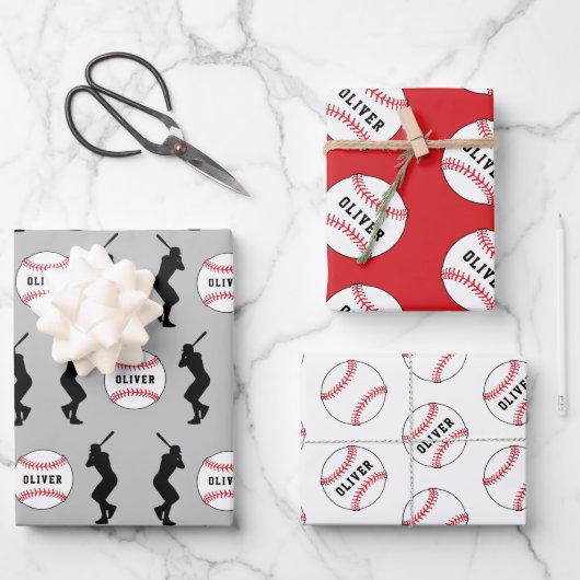 Baseball Ball Player Kinder naam Birthday Inpakpapier Vel (Voorkant)