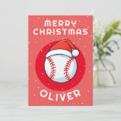 Baseball Ball Red Santa Hat Christmas Kind`s Naam Feestdagenkaart (Staand voorkant)