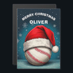 Baseball Ball Red Santa Hat Naam Christmas Kaart<br><div class="desc">Baseball Ball Red Santa Hat Naam Kerst Vakantie Magnetische Kaart. Het ontwerp heeft een honkbalbal met een rode kerstmuts op een winterachtergrond met witte sneeuwvlokken. Personaliseren met jouw naam. U kunt de tekst Merry Christmas wijzigen. Geweldig voor iemand die van sport houdt.</div>