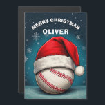 Baseball Ball Red Santa Hat Naam Christmas Kaart<br><div class="desc">Baseball Ball Red Santa Hat Naam Kerst Vakantie Magnetische Kaart. Het ontwerp heeft een honkbalbal met een rode kerstmuts op een winterachtergrond met witte sneeuwvlokken. Personaliseren met jouw naam. U kunt de tekst Merry Christmas wijzigen. Geweldig voor iemand die van sport houdt.</div>