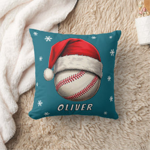 Baseball Ball Red Santa Hat Snowflakes Naam Kussen