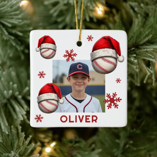 Baseball Ball Santa Hat Name Photo Christmas  Keramisch Ornament (Boom)