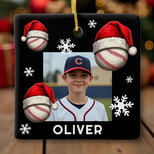 Baseball Ball Santa Hat Name Photo Christmas  Keramisch Ornament