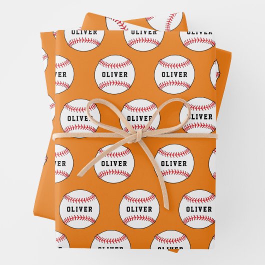 Baseball Ball Sinaasappel Patroon Kinder naam Verj Inpakpapier Vel (In situ)