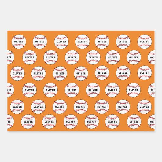 Baseball Ball Sinaasappel Patroon Kinder naam Verj Inpakpapier Vel (Voorkant)
