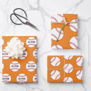 Baseball Ball Sinaasappel Patroon Kinder naam Verj Inpakpapier Vel