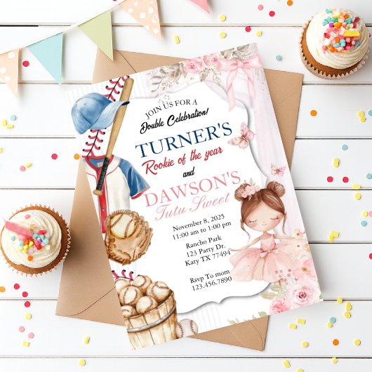Baseball & Ballerina Birthday Invitation | Rookie  Kaart