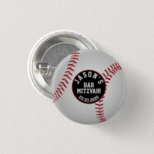 Baseball Bar Mitzvah Favor Button Red Black (Voorkant /achterkant)