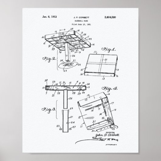 Baseball Base 1953 Patent Art White Paper Poster (Voorkant)