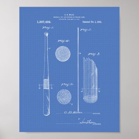 Baseball Bat 1921 Patent Art - Blauwdruk Poster (Voorkant)