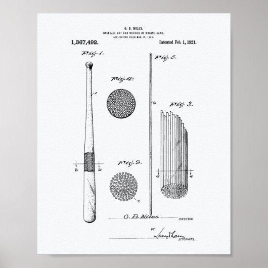 Baseball Bat 1921 Patent Art - Witboek Poster (Voorkant)